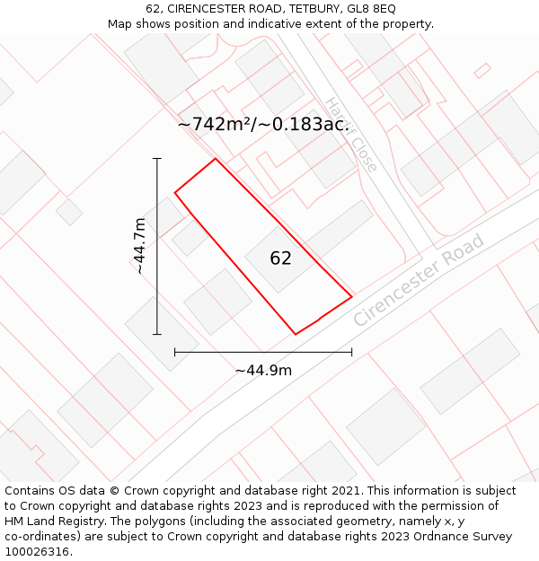 62, CIRENCESTER ROAD, TETBURY, GL8 8EQ: Plot and title map