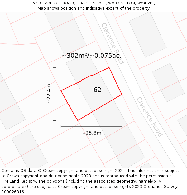 62, CLARENCE ROAD, GRAPPENHALL, WARRINGTON, WA4 2PQ: Plot and title map