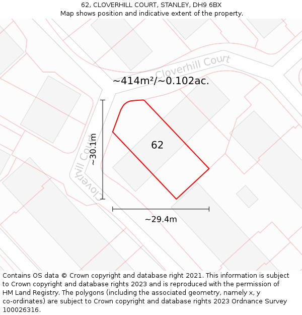 62, CLOVERHILL COURT, STANLEY, DH9 6BX: Plot and title map
