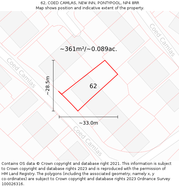 62, COED CAMLAS, NEW INN, PONTYPOOL, NP4 8RR: Plot and title map