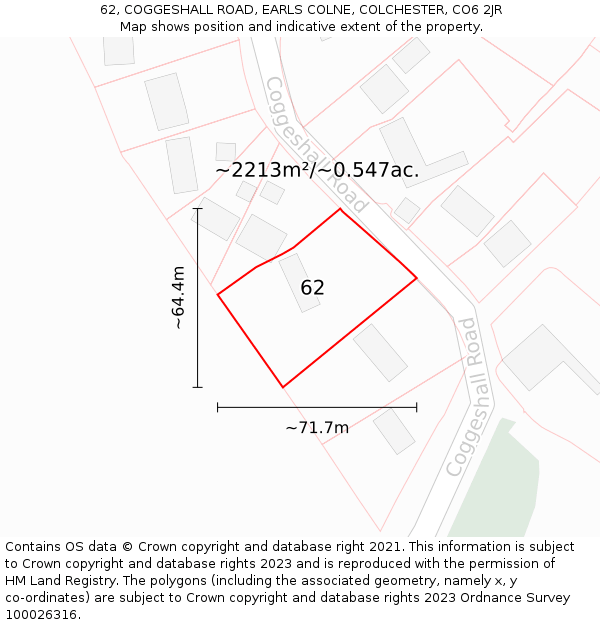 62, COGGESHALL ROAD, EARLS COLNE, COLCHESTER, CO6 2JR: Plot and title map