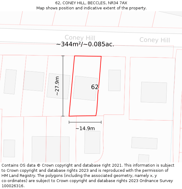 62, CONEY HILL, BECCLES, NR34 7AX: Plot and title map