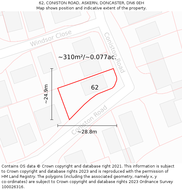 62, CONISTON ROAD, ASKERN, DONCASTER, DN6 0EH: Plot and title map