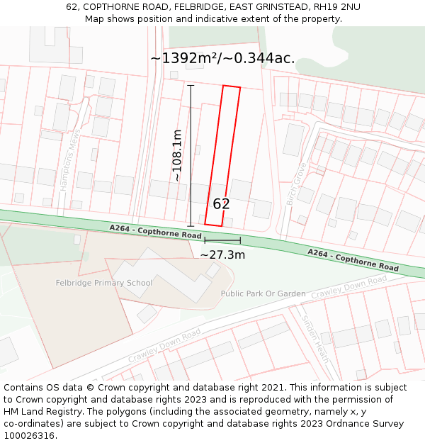 62, COPTHORNE ROAD, FELBRIDGE, EAST GRINSTEAD, RH19 2NU: Plot and title map