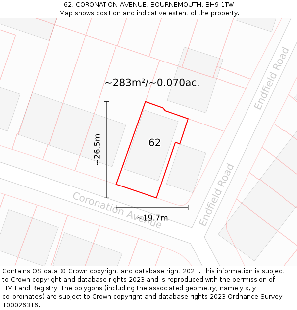 62, CORONATION AVENUE, BOURNEMOUTH, BH9 1TW: Plot and title map