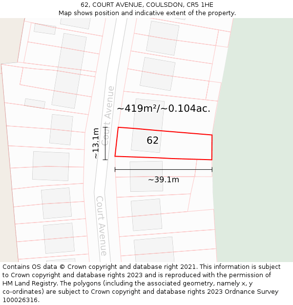 62, COURT AVENUE, COULSDON, CR5 1HE: Plot and title map