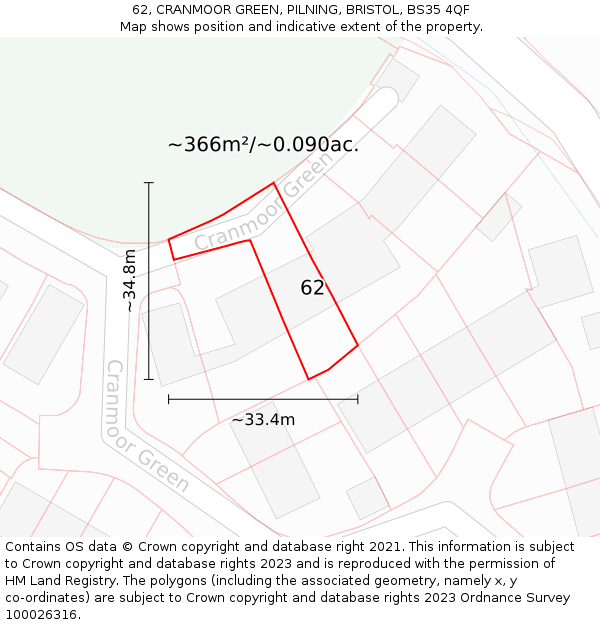 62, CRANMOOR GREEN, PILNING, BRISTOL, BS35 4QF: Plot and title map