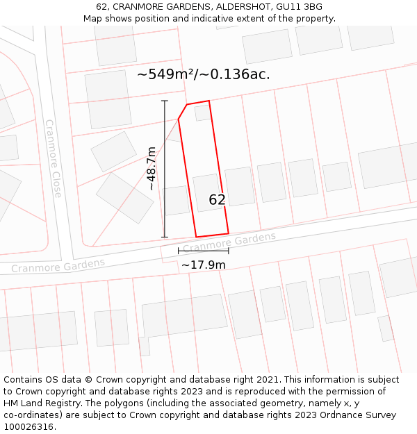 62, CRANMORE GARDENS, ALDERSHOT, GU11 3BG: Plot and title map