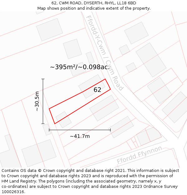 62, CWM ROAD, DYSERTH, RHYL, LL18 6BD: Plot and title map