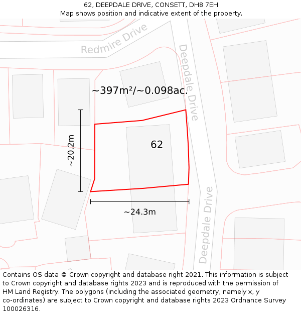 62, DEEPDALE DRIVE, CONSETT, DH8 7EH: Plot and title map