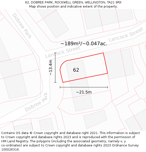 62, DOBREE PARK, ROCKWELL GREEN, WELLINGTON, TA21 9RX: Plot and title map