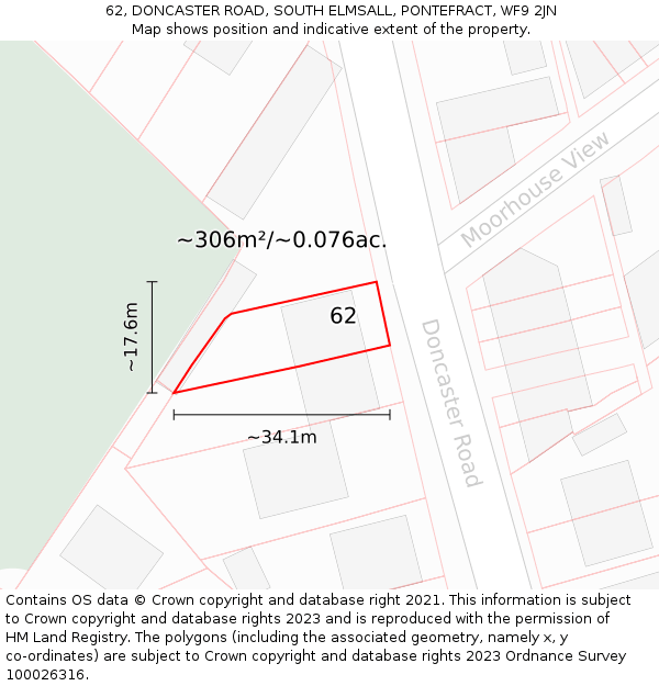 62, DONCASTER ROAD, SOUTH ELMSALL, PONTEFRACT, WF9 2JN: Plot and title map