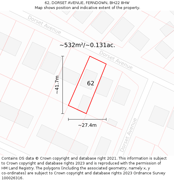 62, DORSET AVENUE, FERNDOWN, BH22 8HW: Plot and title map