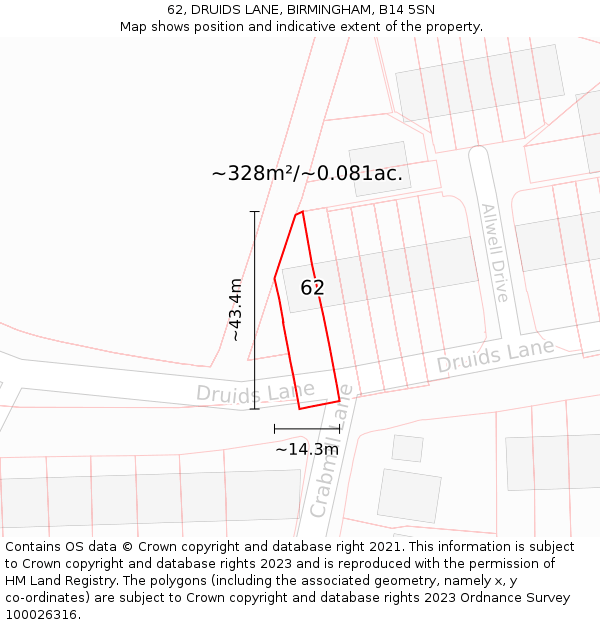 62, DRUIDS LANE, BIRMINGHAM, B14 5SN: Plot and title map