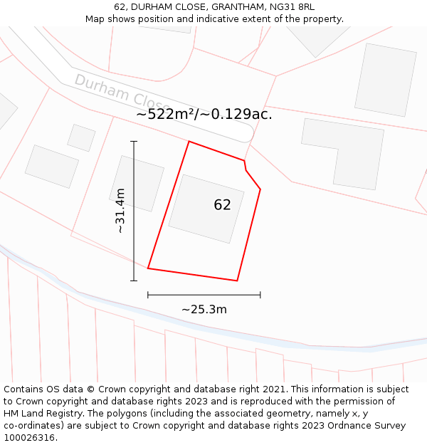 62, DURHAM CLOSE, GRANTHAM, NG31 8RL: Plot and title map