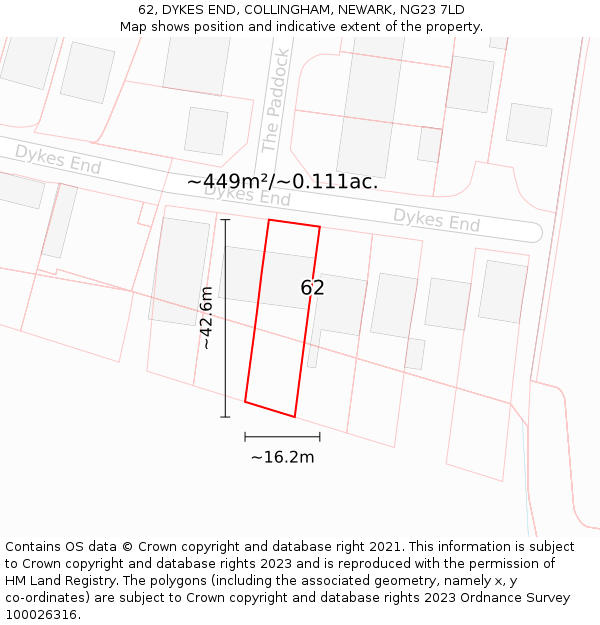 62, DYKES END, COLLINGHAM, NEWARK, NG23 7LD: Plot and title map