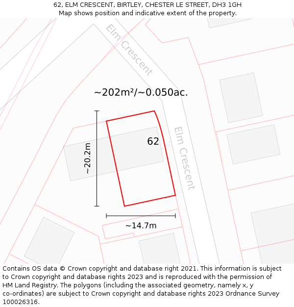 62, ELM CRESCENT, BIRTLEY, CHESTER LE STREET, DH3 1GH: Plot and title map