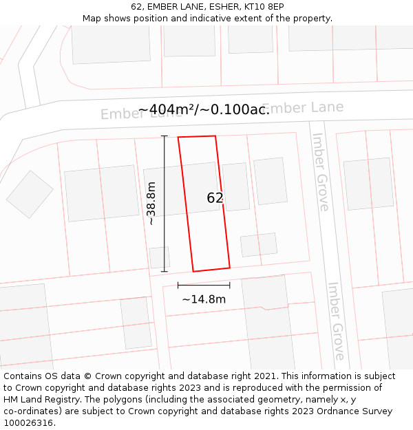 62, EMBER LANE, ESHER, KT10 8EP: Plot and title map