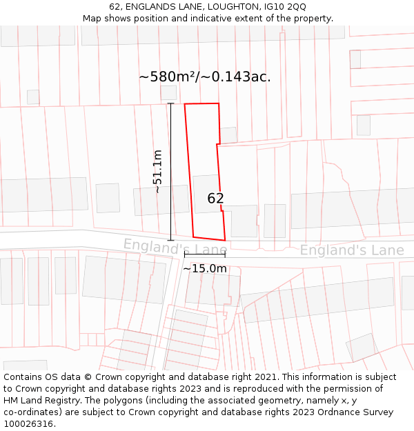 62, ENGLANDS LANE, LOUGHTON, IG10 2QQ: Plot and title map