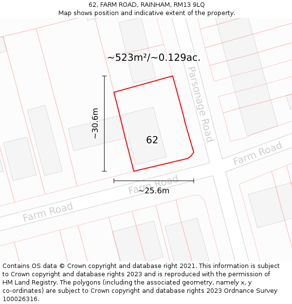 62, FARM ROAD, RAINHAM, RM13 9LQ: Plot and title map