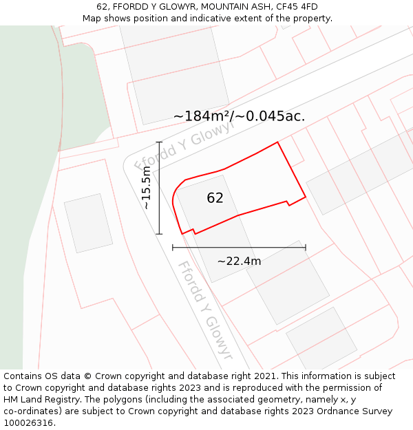 62, FFORDD Y GLOWYR, MOUNTAIN ASH, CF45 4FD: Plot and title map