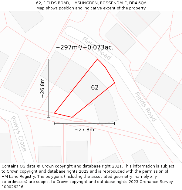 62, FIELDS ROAD, HASLINGDEN, ROSSENDALE, BB4 6QA: Plot and title map