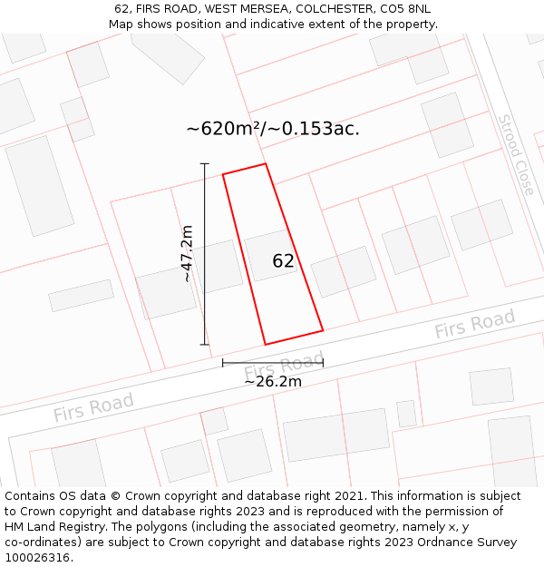 62, FIRS ROAD, WEST MERSEA, COLCHESTER, CO5 8NL: Plot and title map