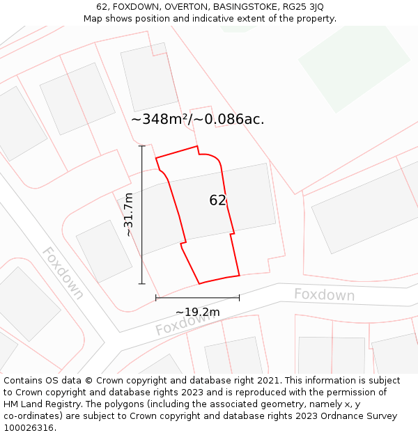 62, FOXDOWN, OVERTON, BASINGSTOKE, RG25 3JQ: Plot and title map