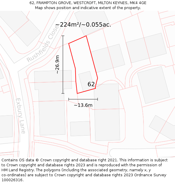 62, FRAMPTON GROVE, WESTCROFT, MILTON KEYNES, MK4 4GE: Plot and title map