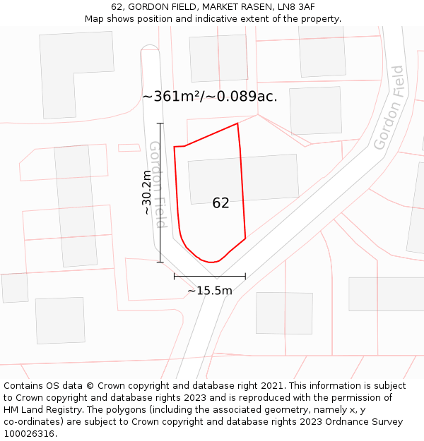 62, GORDON FIELD, MARKET RASEN, LN8 3AF: Plot and title map