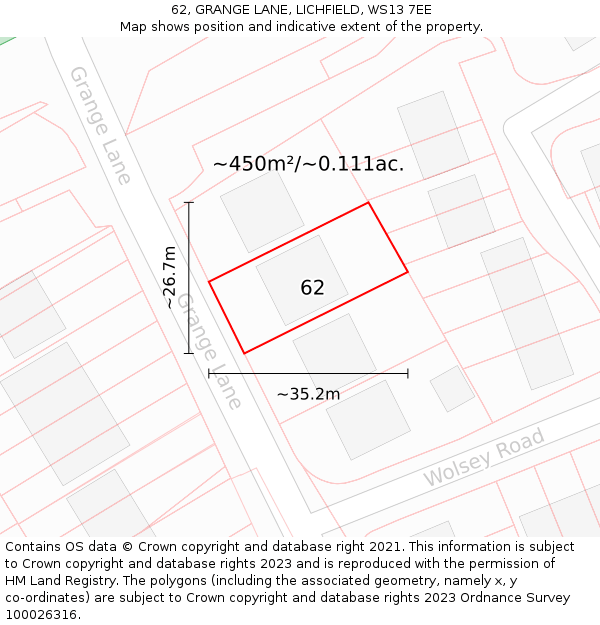 62, GRANGE LANE, LICHFIELD, WS13 7EE: Plot and title map