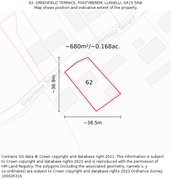 62, GREENFIELD TERRACE, PONTYBEREM, LLANELLI, SA15 5AW: Plot and title map