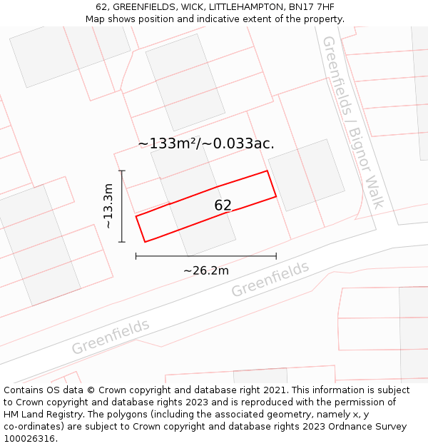 62, GREENFIELDS, WICK, LITTLEHAMPTON, BN17 7HF: Plot and title map