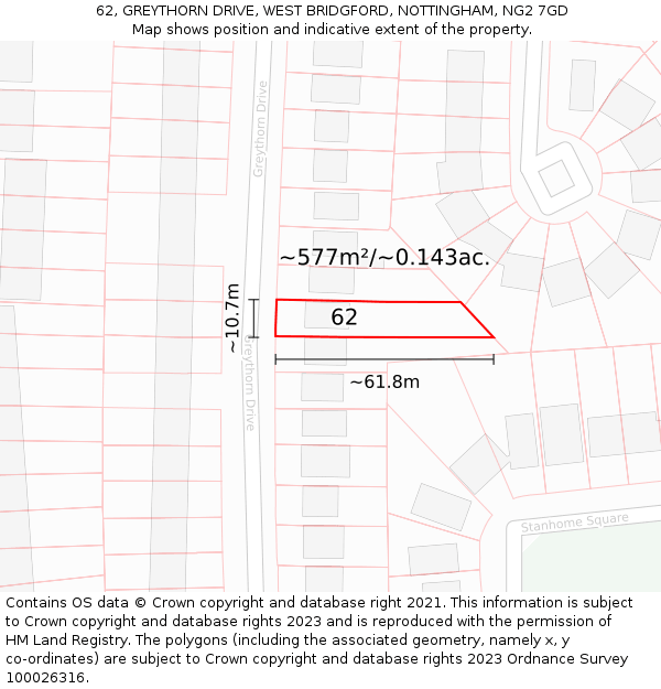 62, GREYTHORN DRIVE, WEST BRIDGFORD, NOTTINGHAM, NG2 7GD: Plot and title map