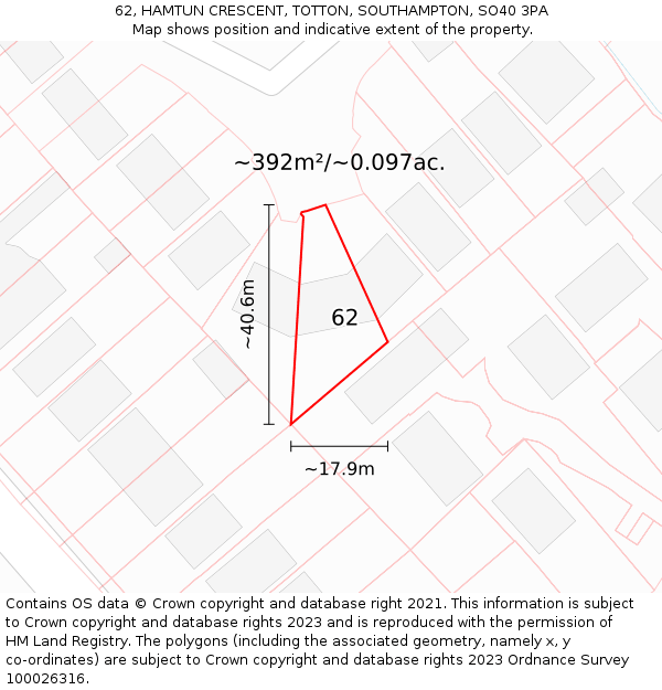 62, HAMTUN CRESCENT, TOTTON, SOUTHAMPTON, SO40 3PA: Plot and title map