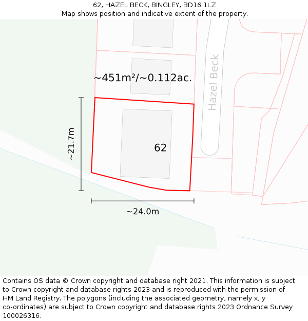 62, HAZEL BECK, BINGLEY, BD16 1LZ: Plot and title map