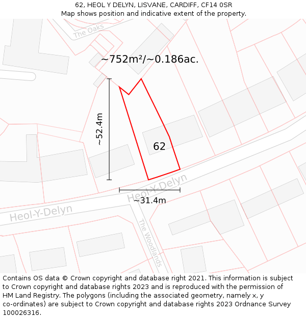 62, HEOL Y DELYN, LISVANE, CARDIFF, CF14 0SR: Plot and title map