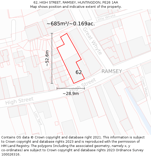 62, HIGH STREET, RAMSEY, HUNTINGDON, PE26 1AA: Plot and title map