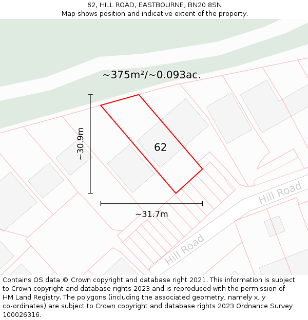 62, HILL ROAD, EASTBOURNE, BN20 8SN: Plot and title map