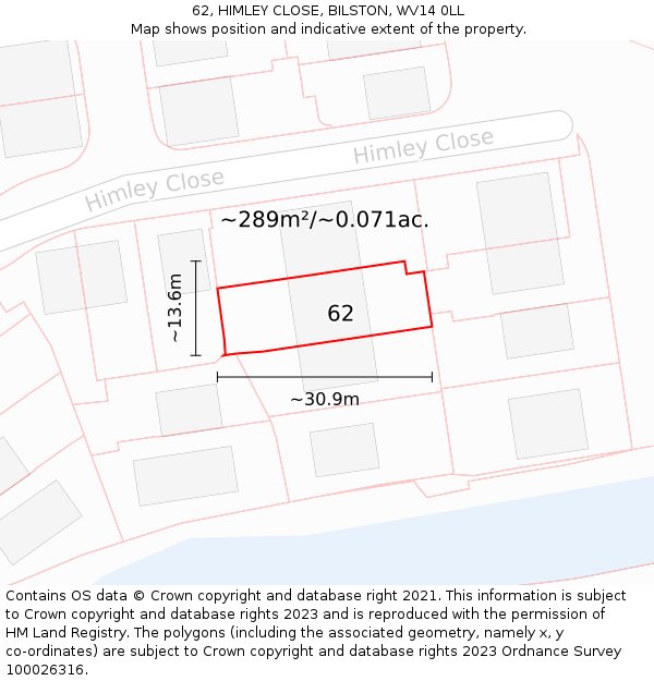 62, HIMLEY CLOSE, BILSTON, WV14 0LL: Plot and title map