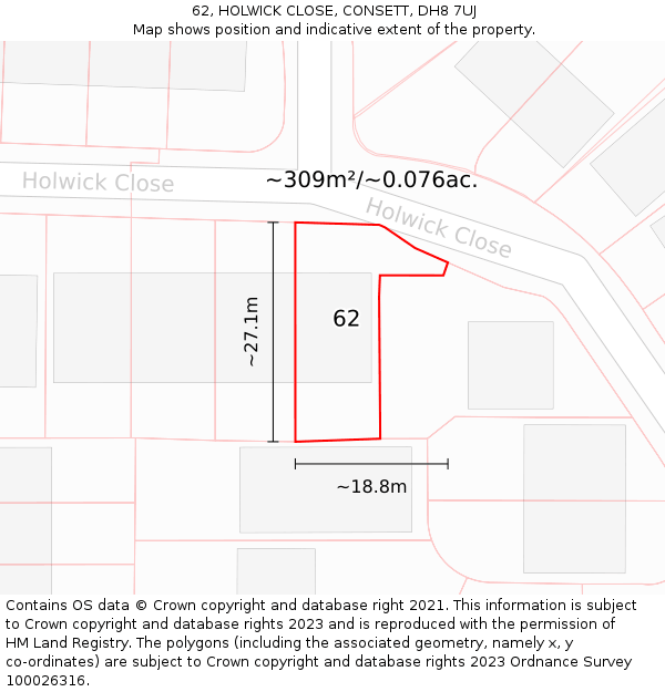 62, HOLWICK CLOSE, CONSETT, DH8 7UJ: Plot and title map