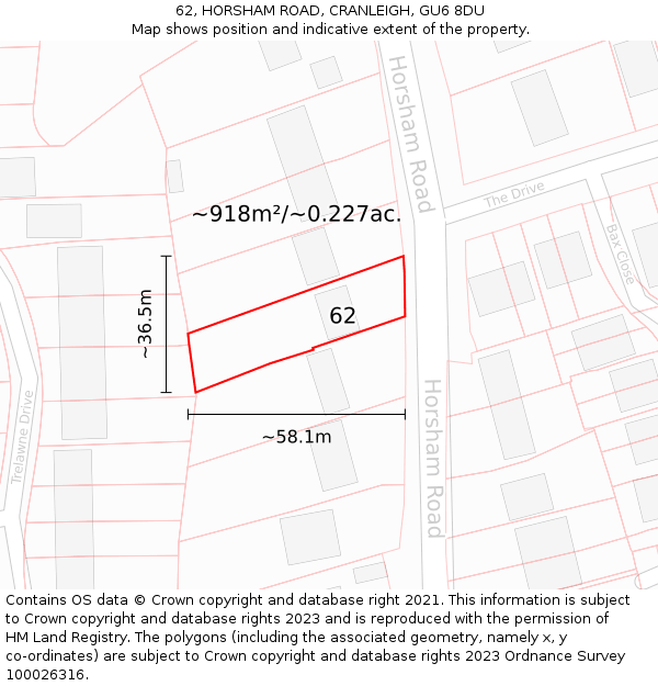 62, HORSHAM ROAD, CRANLEIGH, GU6 8DU: Plot and title map