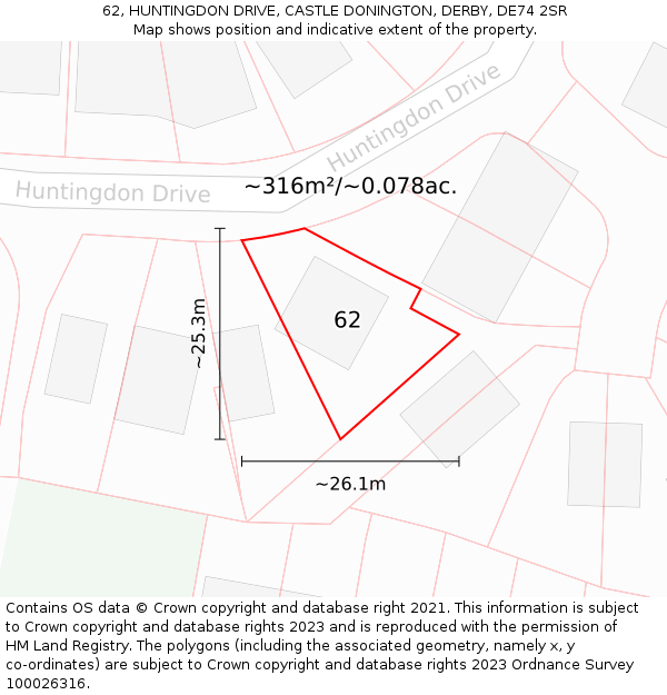62, HUNTINGDON DRIVE, CASTLE DONINGTON, DERBY, DE74 2SR: Plot and title map