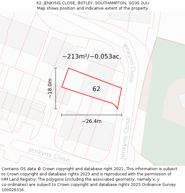 62, JENKYNS CLOSE, BOTLEY, SOUTHAMPTON, SO30 2UU: Plot and title map