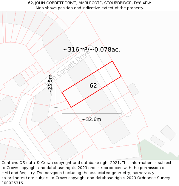 62, JOHN CORBETT DRIVE, AMBLECOTE, STOURBRIDGE, DY8 4BW: Plot and title map