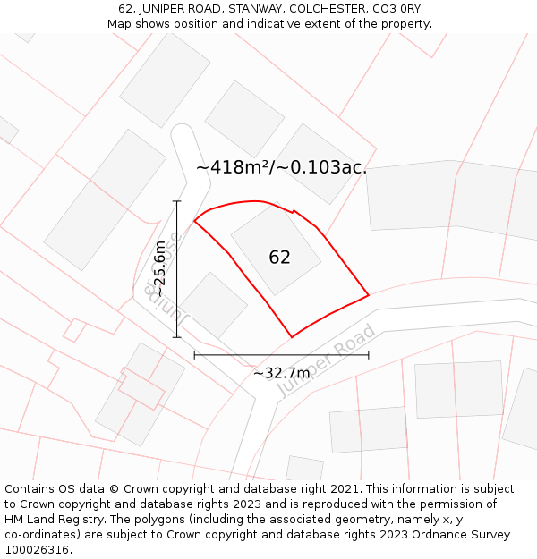 62, JUNIPER ROAD, STANWAY, COLCHESTER, CO3 0RY: Plot and title map