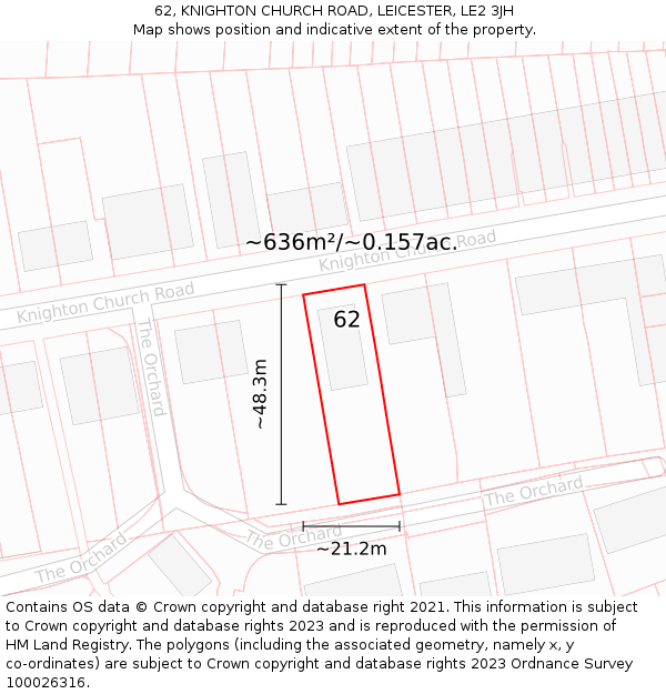 62, KNIGHTON CHURCH ROAD, LEICESTER, LE2 3JH: Plot and title map