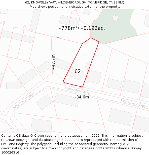 62, KNOWSLEY WAY, HILDENBOROUGH, TONBRIDGE, TN11 9LQ: Plot and title map