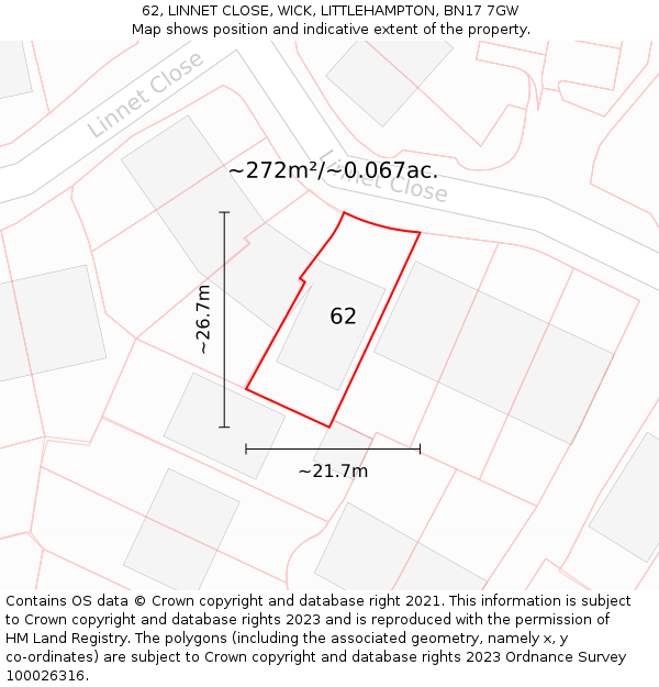 62, LINNET CLOSE, WICK, LITTLEHAMPTON, BN17 7GW: Plot and title map