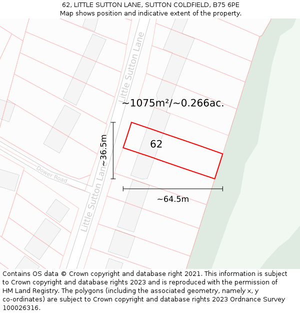 62, LITTLE SUTTON LANE, SUTTON COLDFIELD, B75 6PE: Plot and title map